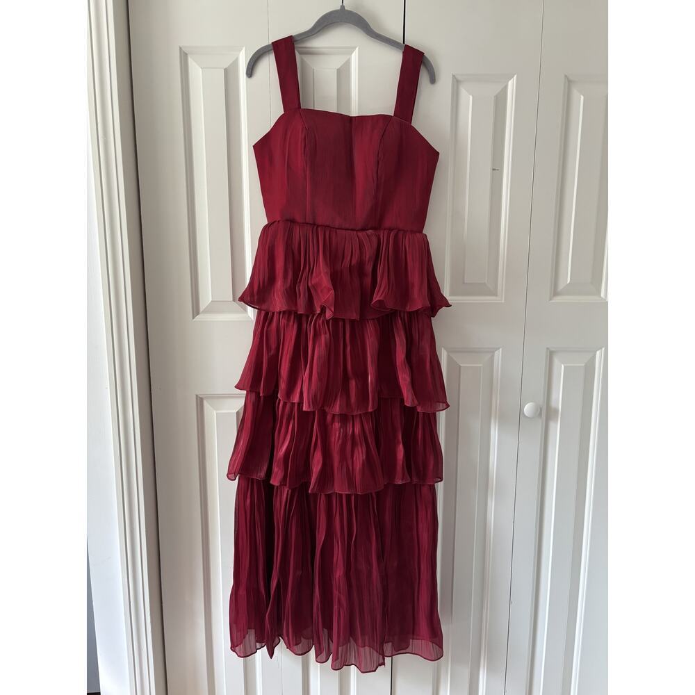 Red Tiered Ruffle Dress With Straps Size 8 - Picture 5 of 10